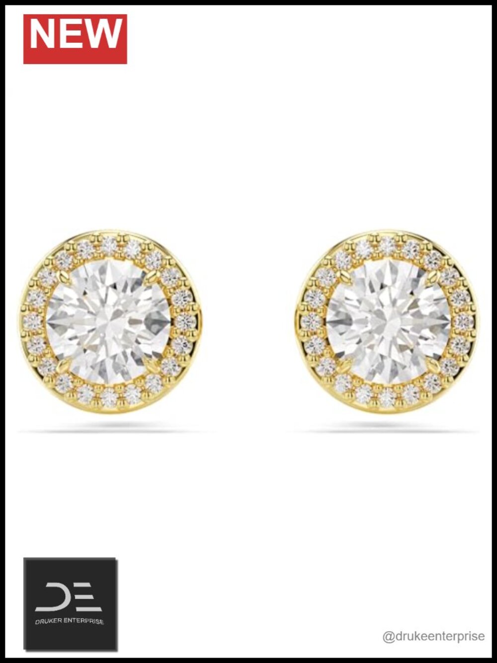 Swarovski Crystal Stud Earrings Round Cut Gold Plated Halo
